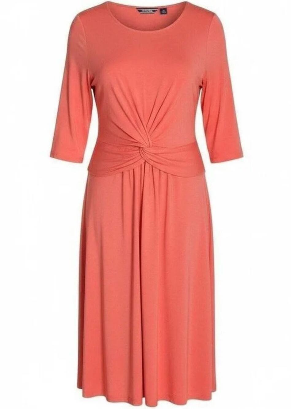 LANDS END Women Plus 2X 20 22 Dress Midi Twist Knot Coral Pima Cotton 3/4 Sleeve